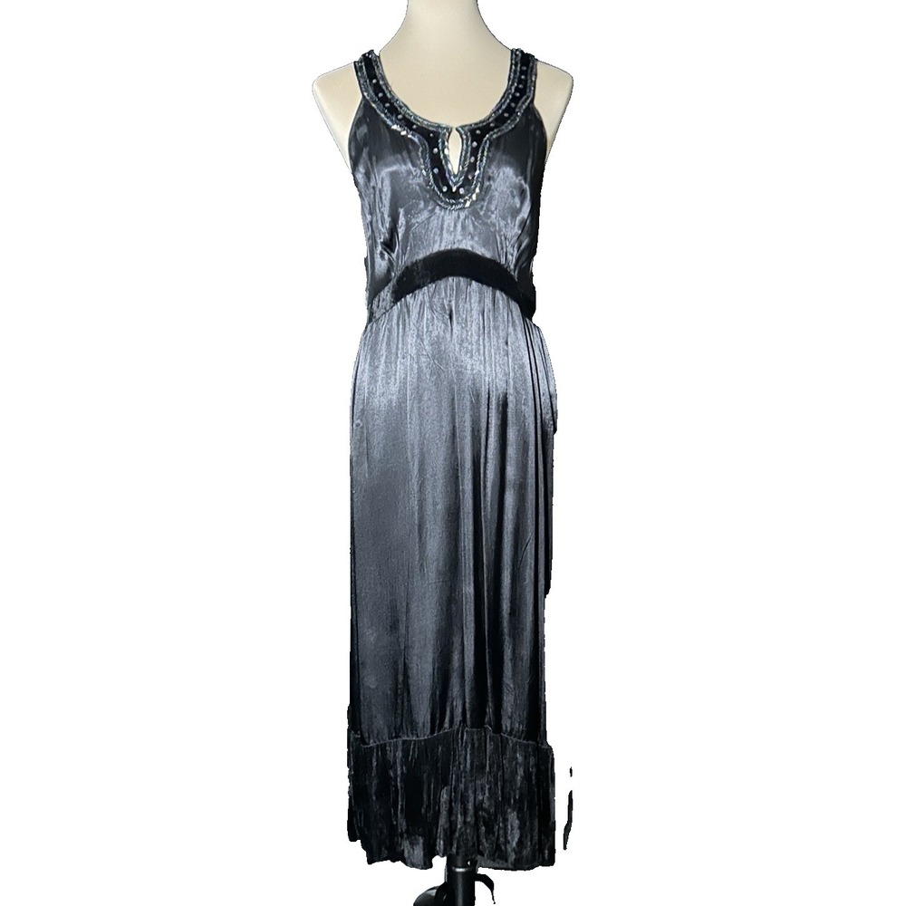 Vintage 80s 90s Black Satin Velvet Iridescent Beaded Neckline Maxi Dress Large